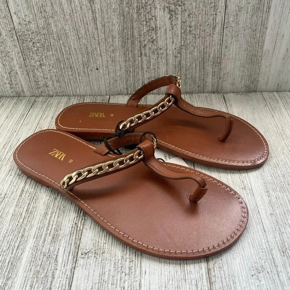 NWT ZARA FLAT GENUINE LEATHER SANDALS WITH CHAIN - Picture 9 of 9